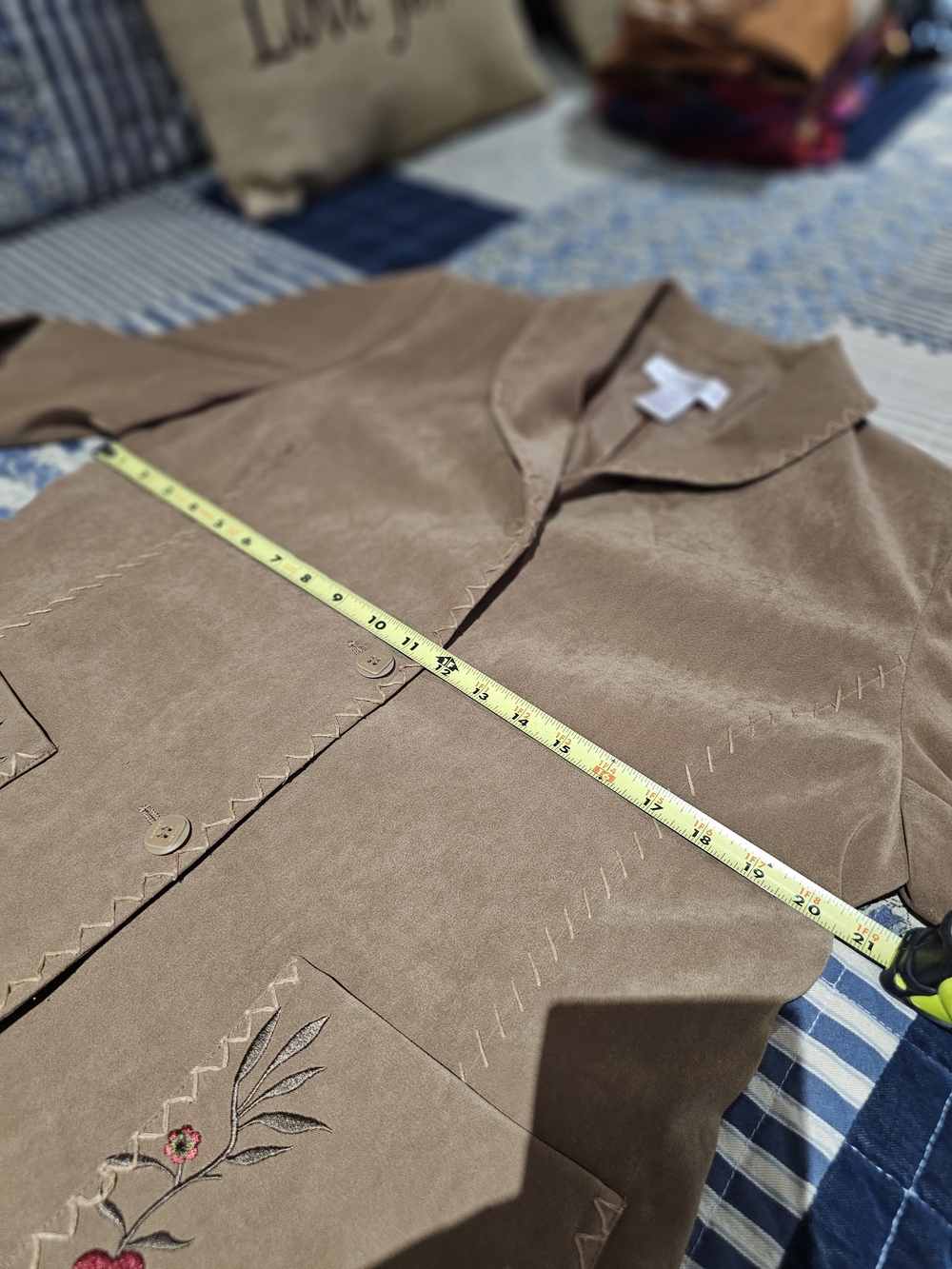 Susan Graver Tan Suede Jacket with Floral Pocket Embroidery - Picture 6 of 8